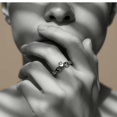 CLADDAGH – PAR DE ALIANÇAS MODELO IRLANDÊS STONE COM ZIRCÔNIA VERMELHA E PRETA EM PRATA 925