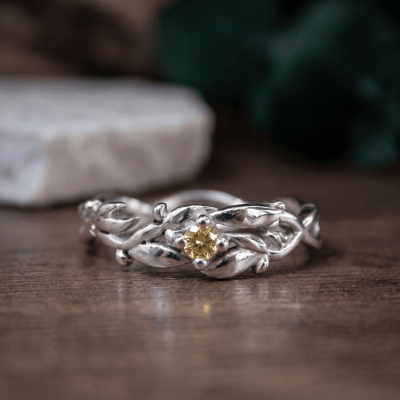 Conjunto Anel e Solitário Oliveira em Prata 925 com Zircônia Amarela