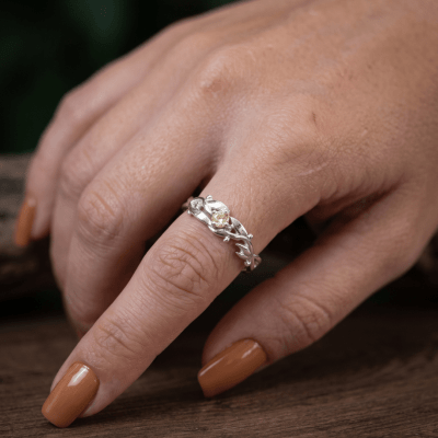 Conjunto Anel e Solitário Oliveira em Prata 925 com Zircônia Amarela