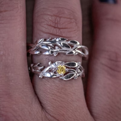 Conjunto Anel e Solitário Oliveira em Prata 925 com Zircônia Amarela