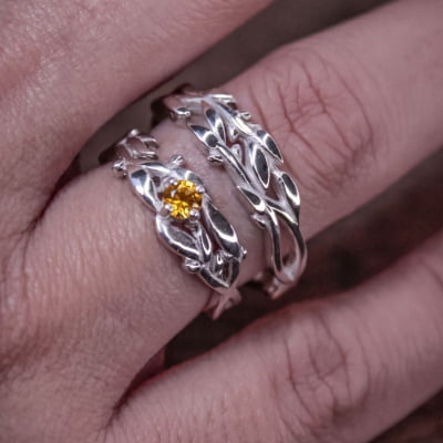 Conjunto Anel e Solitário Oliveira em Prata 925 com Zircônia Amarela