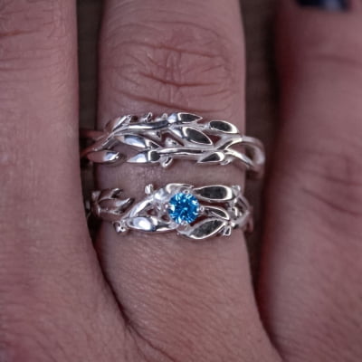 Conjunto Anel e Solitário Oliveira em Prata 925 com Zircônia Azul Claro