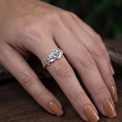 Conjunto Anel e Solitário Oliveira em Prata 925 com Zircônia Azul Claro