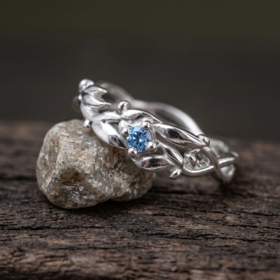 Conjunto Anel e Solitário Oliveira em Prata 925 com Zircônia Azul Claro
