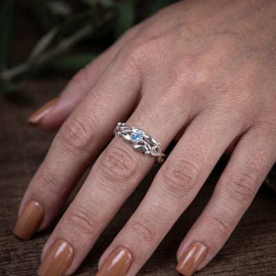 Conjunto Anel e Solitário Oliveira em Prata 925 com Zircônia Azul Claro