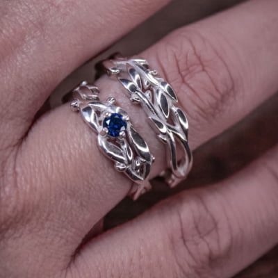 Conjunto Anel e Solitário Oliveira em Prata 925 com Zircônia azul marinho