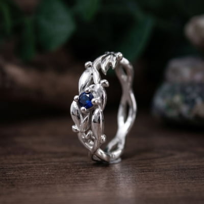 Conjunto Anel e Solitário Oliveira em Prata 925 com Zircônia Azul Marinho