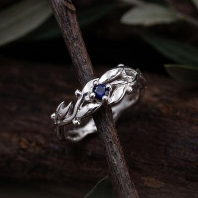 Conjunto Anel e Solitário Oliveira em Prata 925 com Zircônia Azul Marinho