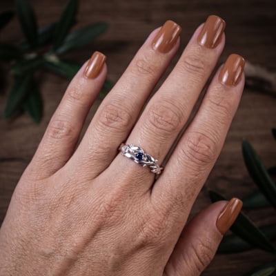 Conjunto Anel e Solitário Oliveira em Prata 925 com Zircônia Azul Marinho