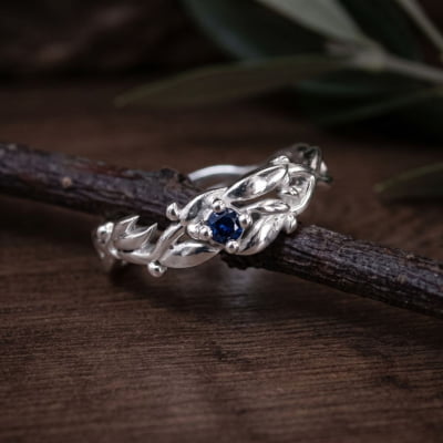 Conjunto Anel e Solitário Oliveira em Prata 925 com Zircônia Azul Marinho
