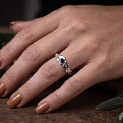 Conjunto Anel e Solitário Oliveira em Prata 925 com Zircônia Azul Marinho