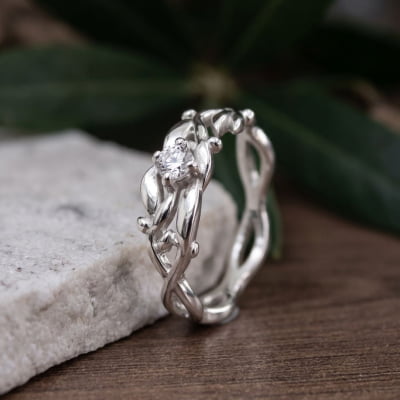 Conjunto Anel e Solitário Oliveira em Prata 925 com Zircônia Branca