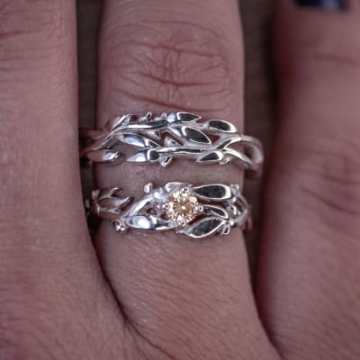 Conjunto Anel e Solitário Oliveira em Prata 925 com Zircônia Champagne