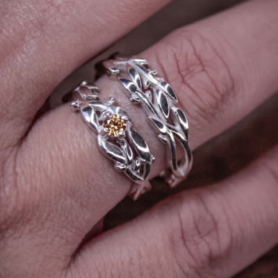 Conjunto Anel e Solitário Oliveira em Prata 925 com Zircônia champagne