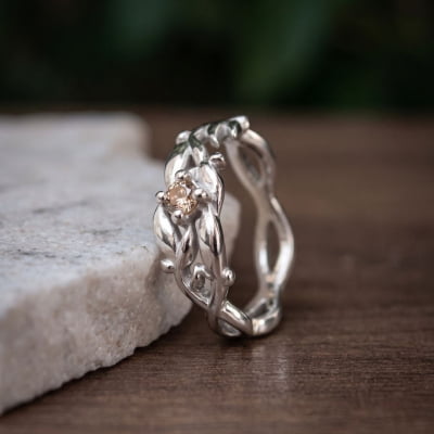 Conjunto Anel e Solitário Oliveira em Prata 925 com Zircônia Champagne