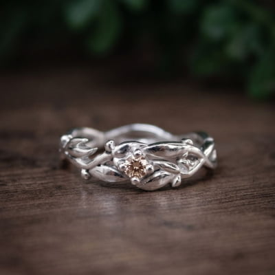 Conjunto Anel e Solitário Oliveira em Prata 925 com Zircônia Champagne