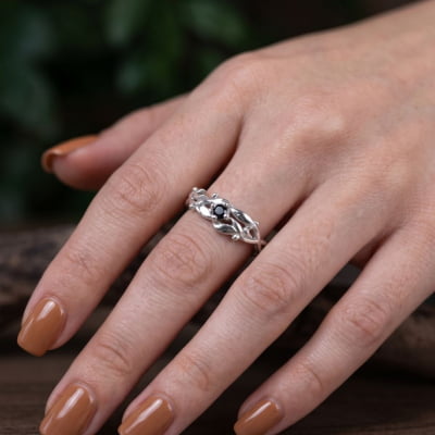 Conjunto Anel e Solitário Oliveira em Prata 925 com Zircônia Preta