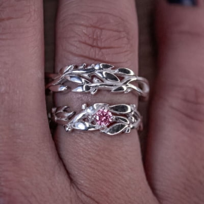 Conjunto Anel e Solitário Oliveira em Prata 925 com Zircônia Rosa