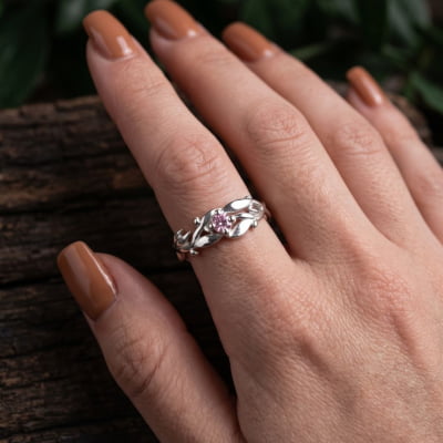 Conjunto Anel e Solitário Oliveira em Prata 925 com Zircônia Rosa
