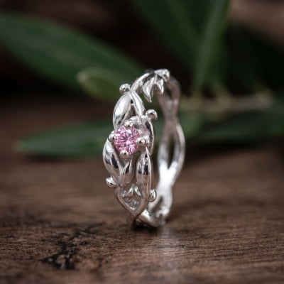 Conjunto Anel e Solitário Oliveira em Prata 925 com Zircônia Rosa