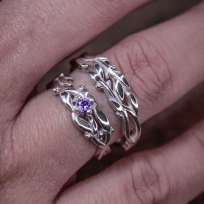 Conjunto Anel e Solitário Oliveira em Prata 925 com Zircônia roxa