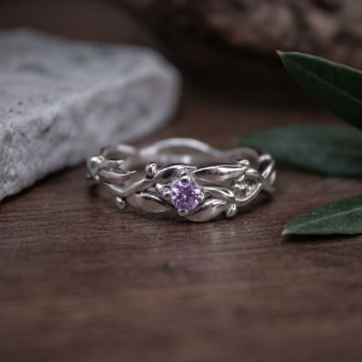 Conjunto Anel e Solitário Oliveira em Prata 925 com Zircônia Roxa