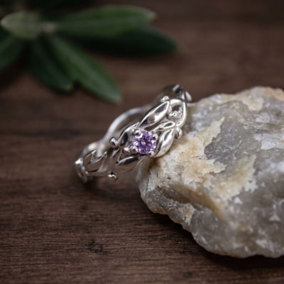 Conjunto Anel e Solitário Oliveira em Prata 925 com Zircônia Roxa