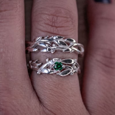 Conjunto Anel e Solitário Oliveira em Prata 925 com Zircônia Verde