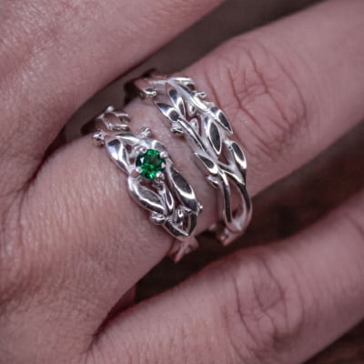 Conjunto Anel e Solitário Oliveira em Prata 925 com Zircônia verde