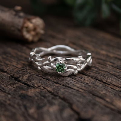 Conjunto Anel e Solitário Oliveira em Prata 925 com Zircônia Verde