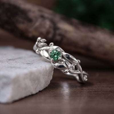 Conjunto Anel e Solitário Oliveira em Prata 925 com Zircônia Verde