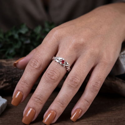 Conjunto Anel e Solitário Oliveira em Prata 925 com Zircônia Vermelha