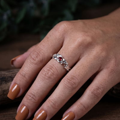 Conjunto Anel e Solitário Oliveira em Prata 925 com Zircônia Vermelha