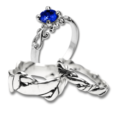 FRIGG KIT – Par de Alianças Nordic Rope (Fina e Larga) + Solitário com Zircônia Azul Marinho em Prata 925