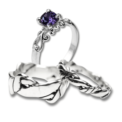 FRIGG KIT – Par de Alianças Nordic Rope (Fina e Larga) + Solitário com Zircônia Roxa em Prata 925