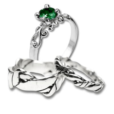 FRIGG KIT – Par de Alianças Nordic Rope (Fina e Larga) + Solitário com Zircônia Verde em Prata 925