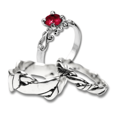 FRIGG KIT – PAR DE ALIANÇAS NORDIC ROPE (FINA E LARGA) + SOLITÁRIO COM ZIRCÔNIA VERMELHA PRATA 925