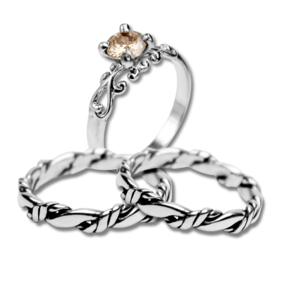 FRIGG KIT – PAR DE ALIANÇAS NORDIC ROPE FINO + SOLITÁRIO FRIGG ZIRCÔNIA CHAMPAGNE PRATA 925