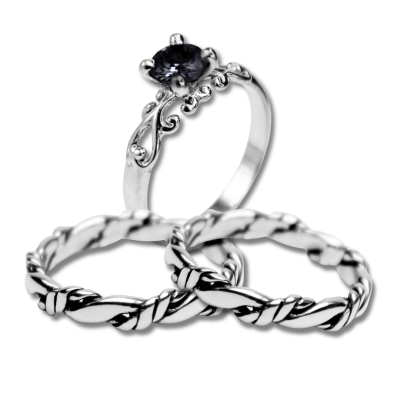 KIT FRIGG – Par de Alianças Nordic Rope Fino + Solitário Frigg com Zircônia Preta em Prata 925
