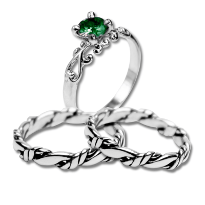 FRIGG KIT – PAR DE ALIANÇAS NORDIC ROPE FINO + SOLITÁRIO FRIGG ZIRCÔNIA VERDE PRATA 925