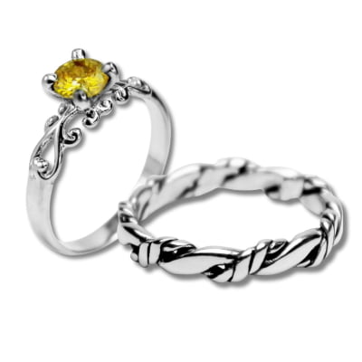 FRIGG – PAR DE ALIANÇAS (SOLITÁRIO + ANEL NORDIC ROPE) EM PRATA 925 COM ZIRCÔNIA AMARELA