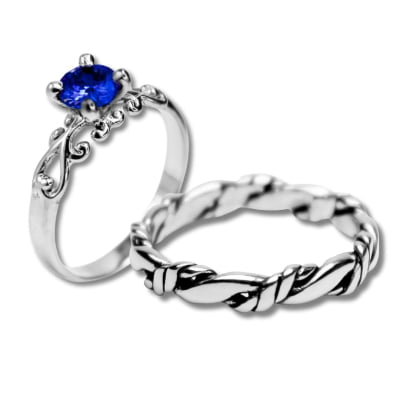 FRIGG – PAR DE ALIANÇAS (SOLITÁRIO + ANEL NORDIC ROPE) EM PRATA 925 COM ZIRCÔNIA AZUL MARINHO