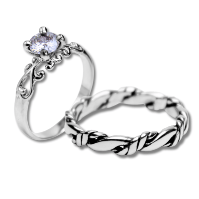 FRIGG – PAR DE ALIANÇAS (SOLITÁRIO + ANEL NORDIC ROPE) EM PRATA 925 COM ZIRCÔNIA BRANCA