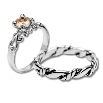 FRIGG – PAR DE ALIANÇAS (SOLITÁRIO + ANEL NORDIC ROPE) EM PRATA 925 COM ZIRCÔNIA CHAMPAGNE