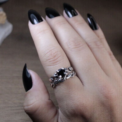 FRIGG – Par de Alianças (Solitário + Anel Nordic Rope) em Prata 925 com Zircônia preta