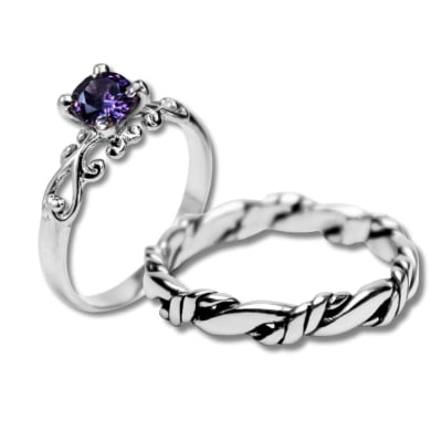 FRIGG – PAR DE ALIANÇAS (SOLITÁRIO + ANEL NORDIC ROPE) EM PRATA 925 COM ZIRCÔNIA ROXA