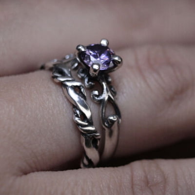 FRIGG – Par de Alianças (Solitário + Anel Nordic Rope) em Prata 925 com Zircônia roxa