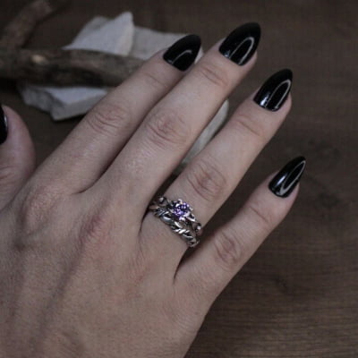 FRIGG – Par de Alianças (Solitário + Anel Nordic Rope) em Prata 925 com Zircônia roxa
