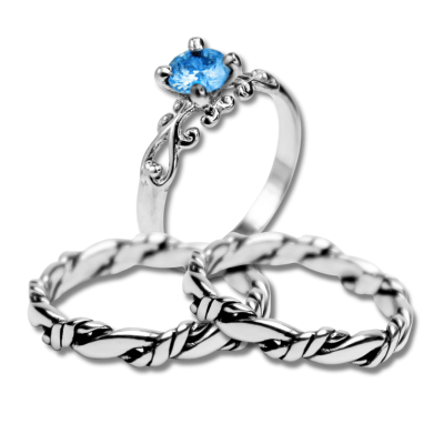 FRIGG KIT – PAR DE ALIANÇAS NORDIC ROPE FINO + SOLITÁRIO FRIGG ZIRCÔNIA AZUL CLARO PRATA 925