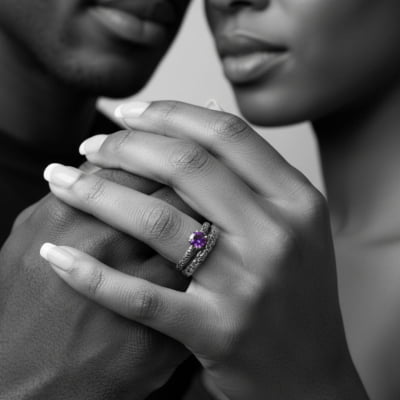 LUNAR KIT – PAR DE ALIANÇAS (SOLITÁRIO + ANEL LUNAR) EM PRATA 925 COM ZIRCÔNIA ROXA